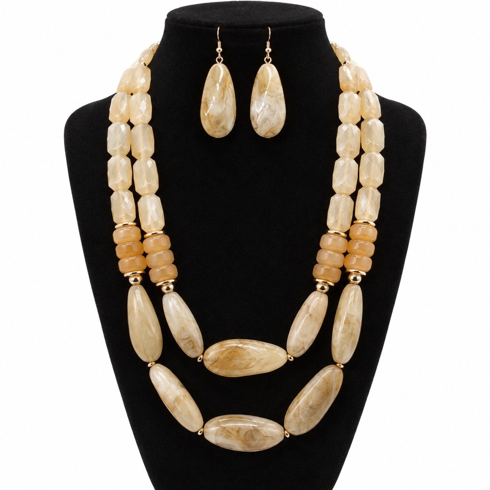 Beige Marbled Acrylic Bead Double Strand Necklace and Teardrop Earring Set Boho